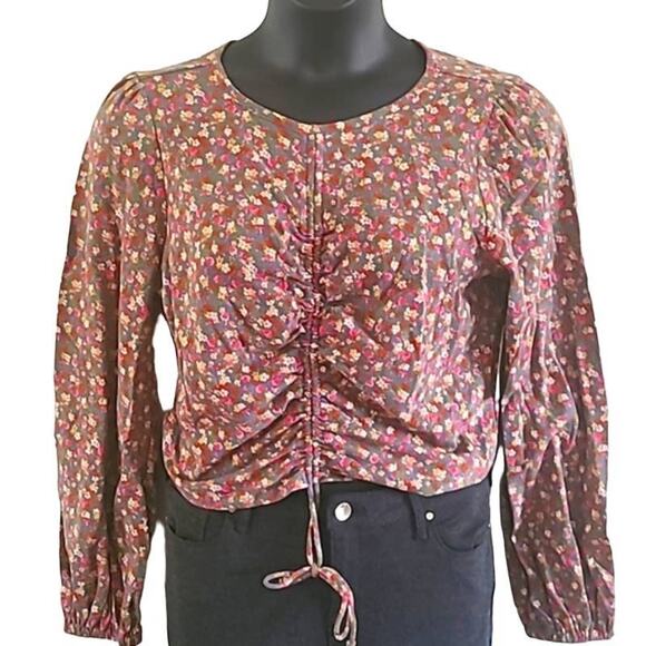 NWOT SO Juniors XXL Floral Ruched Long Sleeve Stretch Knit Crop Top Boho Style - Picture 9 of 9